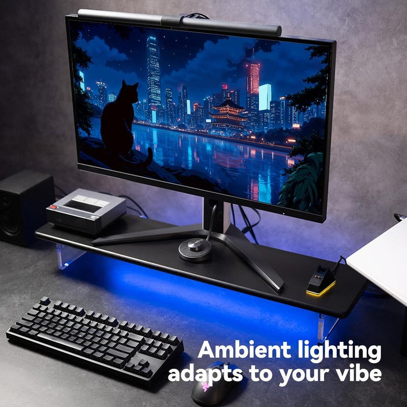 ROCDEER Bamboo Monitor Stand Riser with RGB Lights,31.5 Inches Desktop Shelf with Acrylic Legs Supports for Desk, PC Computer Monitor, Laptops, Printer, Speakers (Black) - Image 3